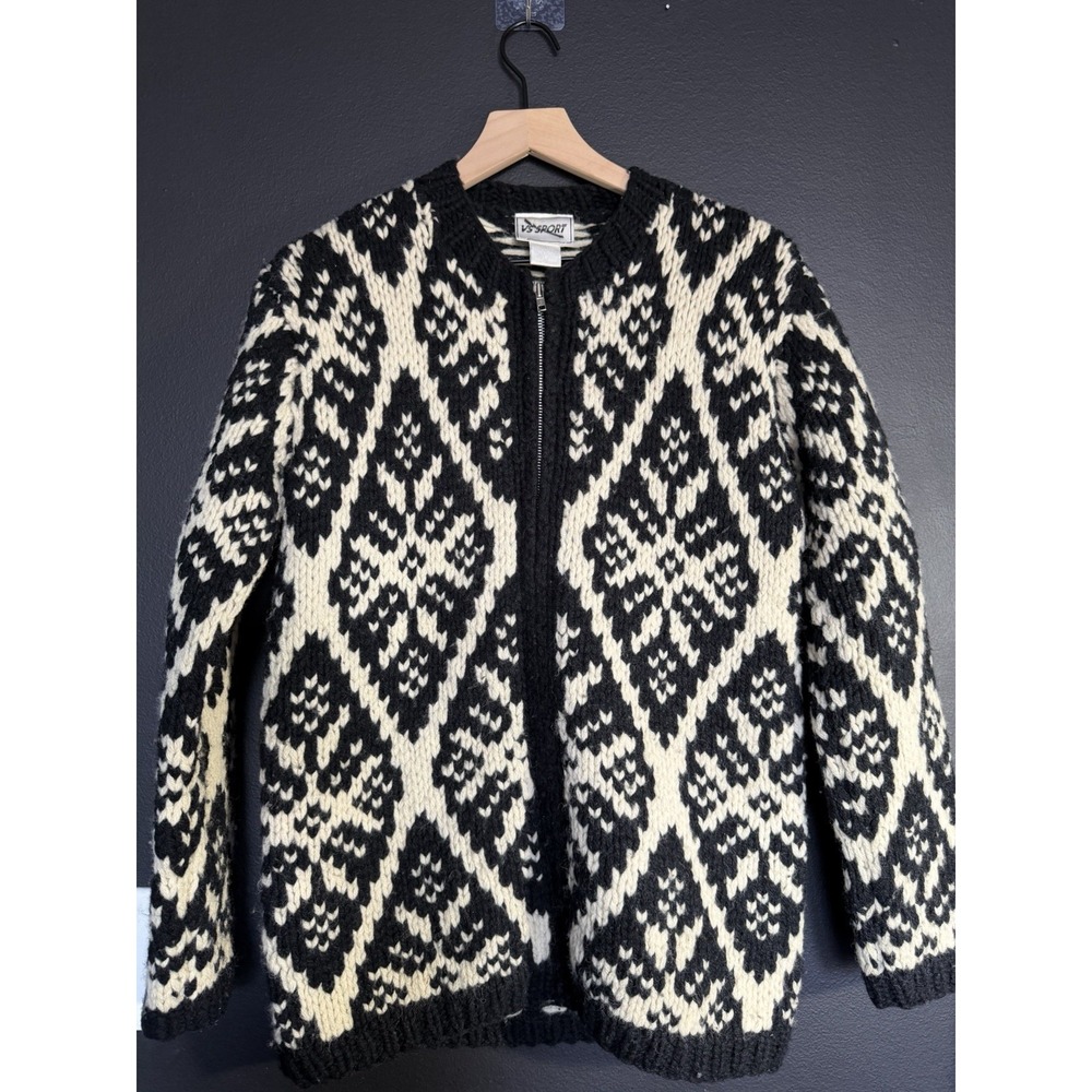 VTG VS Sport Womens Small Cream Black Diamond Wool Long Sleeve Full Zip‎ Sweater